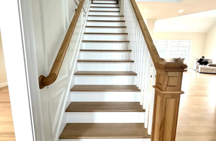 Hardwood treads and risers installed on a staircase