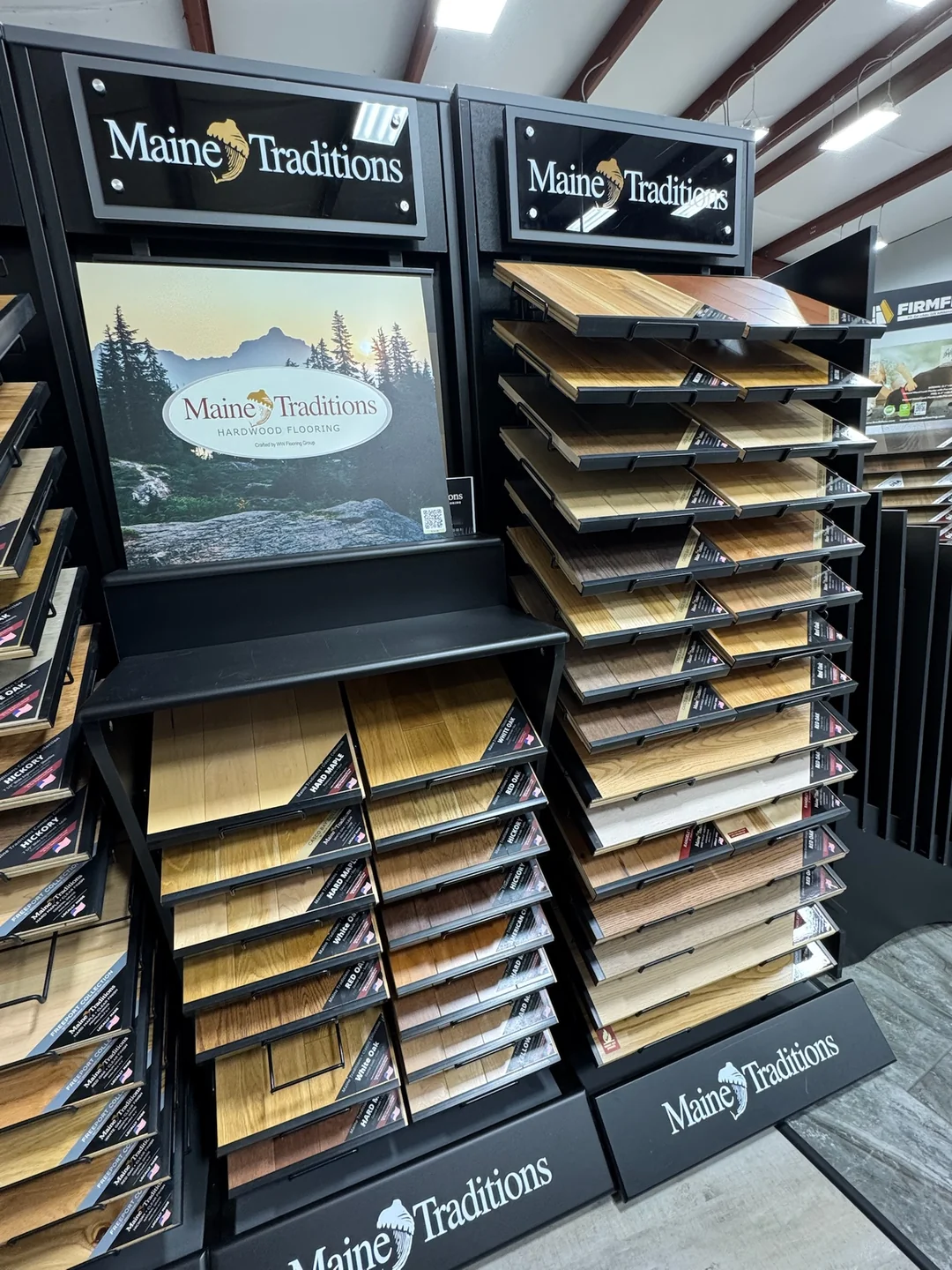 Hardwood species and stain samples on display at the River's Edge Home Center showroom in Haddam, CT