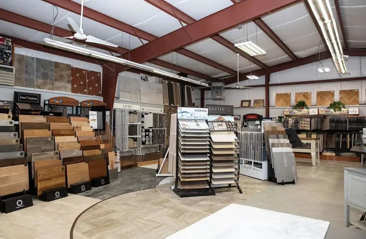 Hardwood, tile and carpet sample displays in the showroom